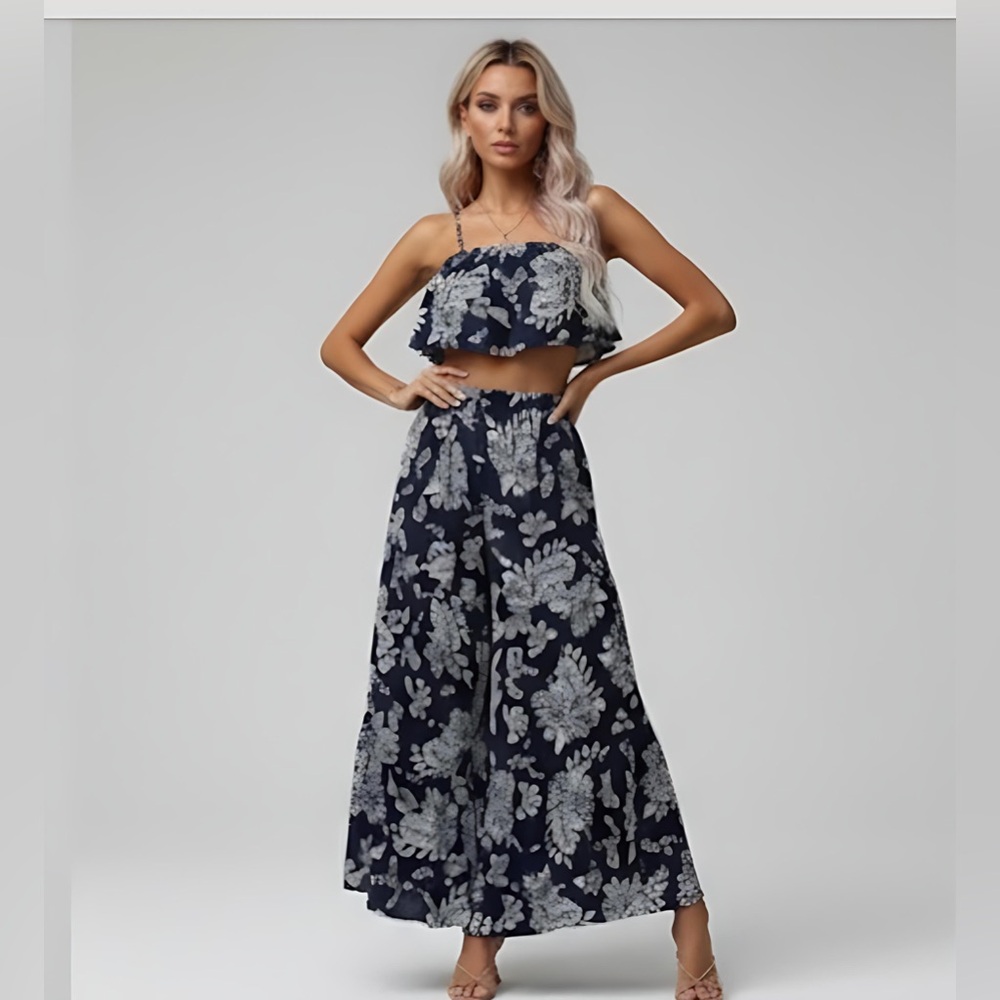 Blue Paisley Print Cami Top & Ruffle Hem Pants